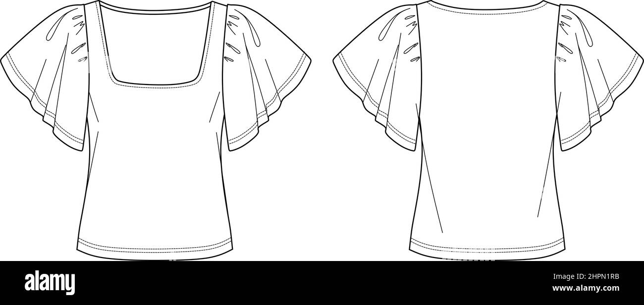 Vector Bell t shirt maniche corte moda CAD, donna trendy squadretta collo alto disegno tecnico, modello blusa alla moda, piatto, schizzo. Jersey o WO Illustrazione Vettoriale