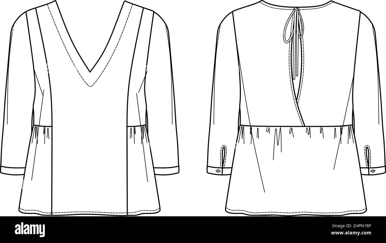 Disegno tecnico camicetta a maniche lunghe vettoriale, cad moda donna con collo a V, bozzetto in blusa con dettagli sul retro Illustrazione Vettoriale