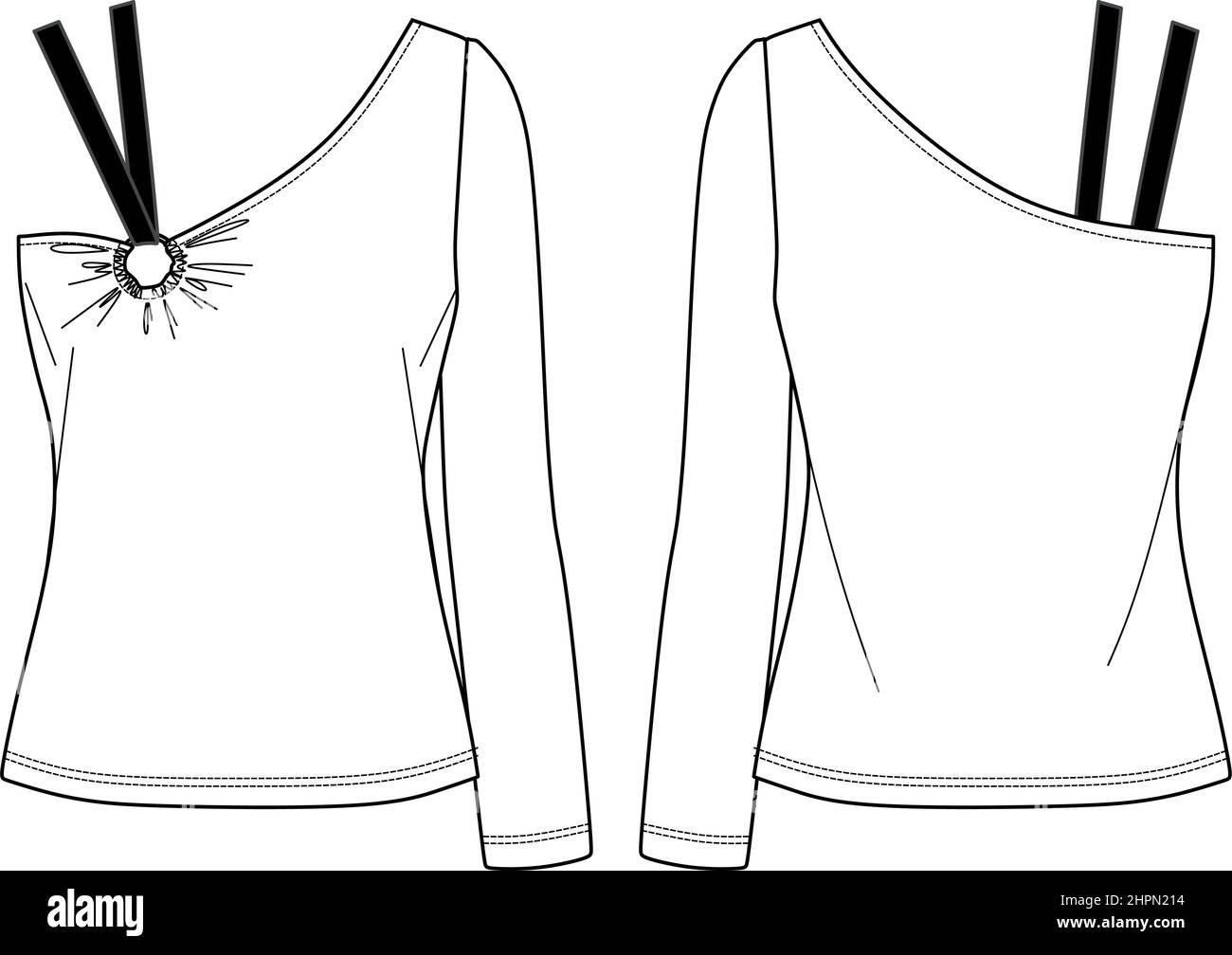 Maglia vettoriale donna disegno tecnico, blusa asimmetrica con accessori moda CAD, disegno, piatto. Maglia o tessuto superiore con vista anteriore, posteriore, Illustrazione Vettoriale