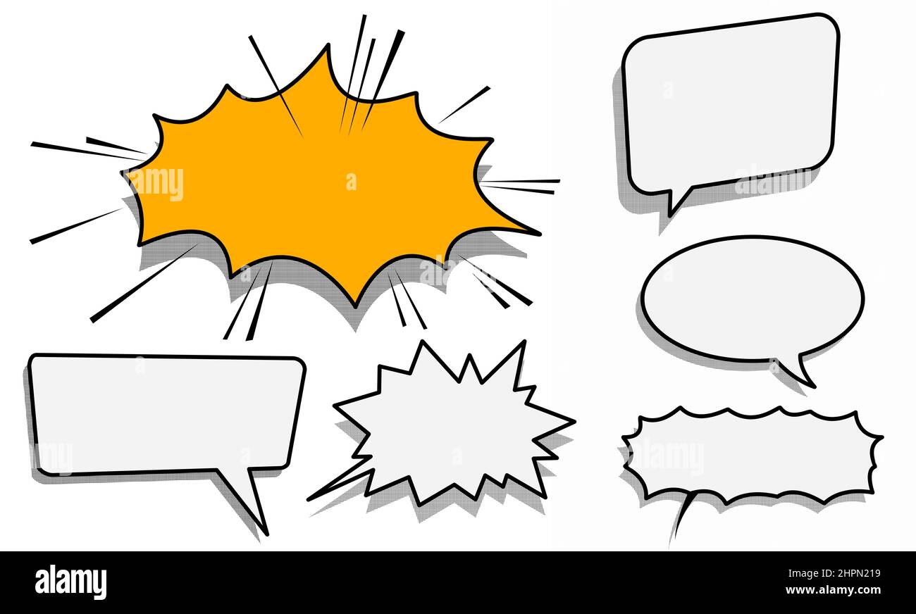 Illustrazione di illustrazioni isolate di grigio chiaro e arancione varie finestre di dialogo di stile fumetto su sfondo bianco con ombre. Foto Stock