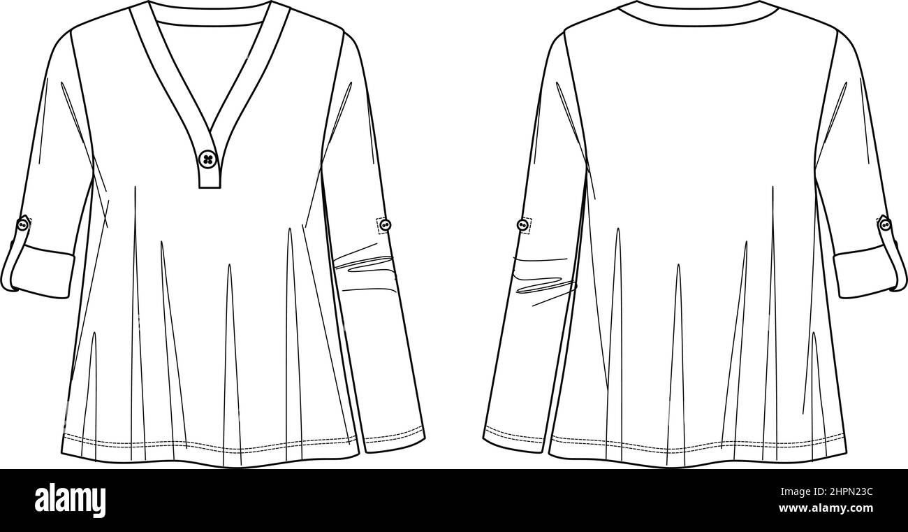 T-shirt Vector fashion CAD con bottoni, maglia donna maniche lunghe A forma di blusa, disegno tecnico donna collo a V, disegno, piatto. Maglia bl Illustrazione Vettoriale