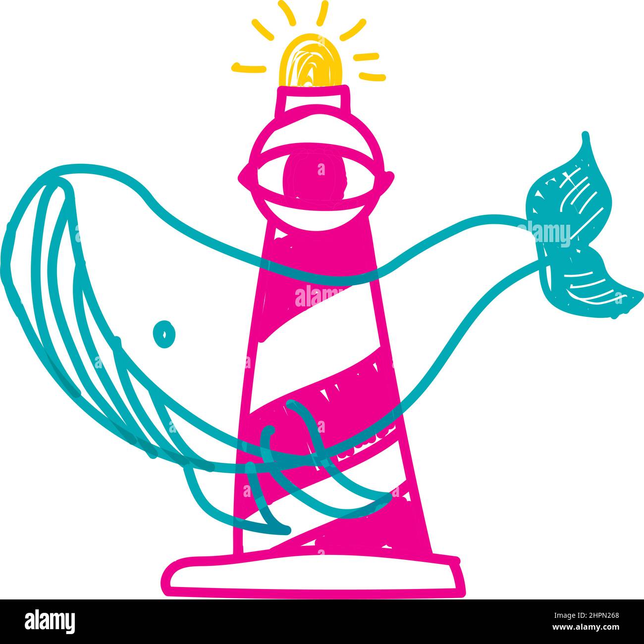 illustrazione doodle balena e faro Illustrazione Vettoriale