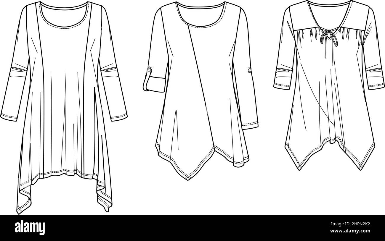 Vector maglia manica lunga moda CAD, collo a V donna top con dettagli di raccolta disegno tecnico, schizzo, modello Illustrazione Vettoriale