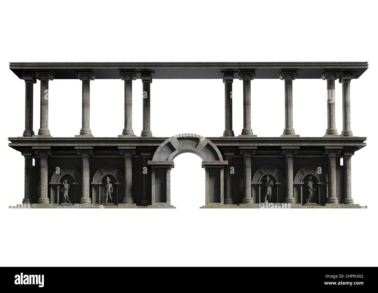 3d opere d'arte raffiguranti il rendering di antiche mura greche fantasy con sculture e colonne isolate su sfondo bianco, vista frontale. Foto Stock