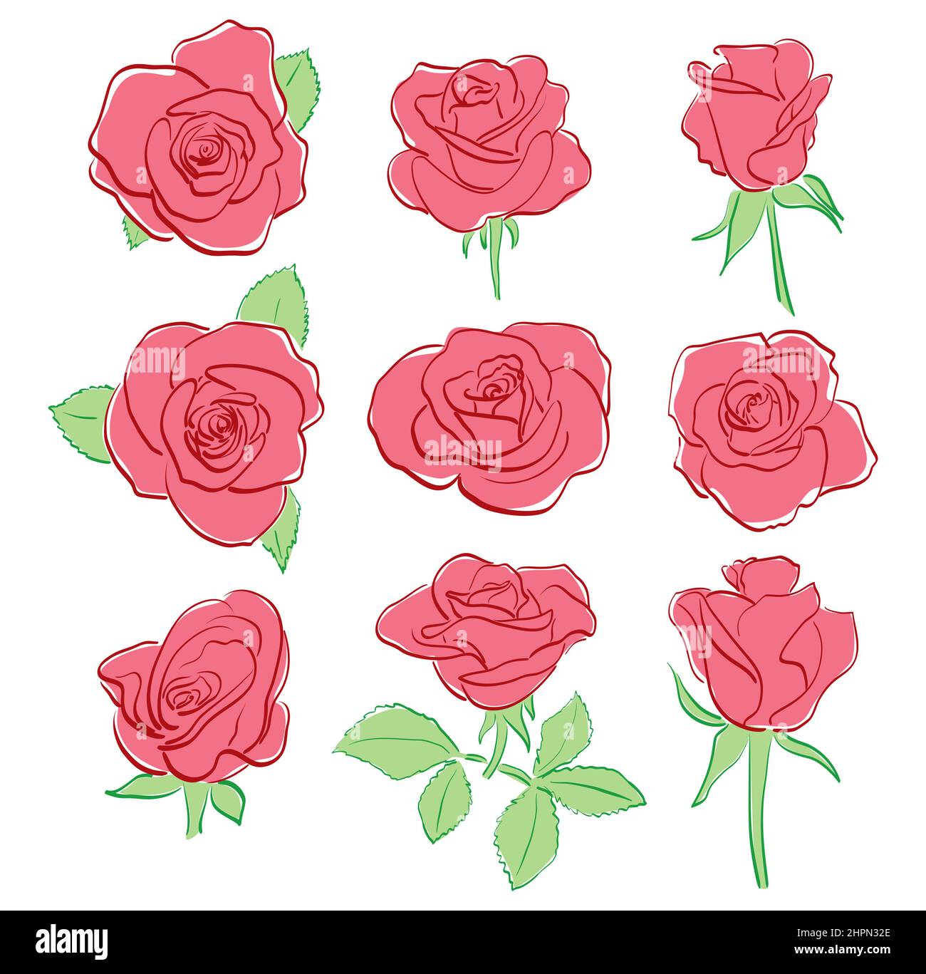 rose rosse in fiore - insieme di elementi vettoriali di disegno Illustrazione Vettoriale