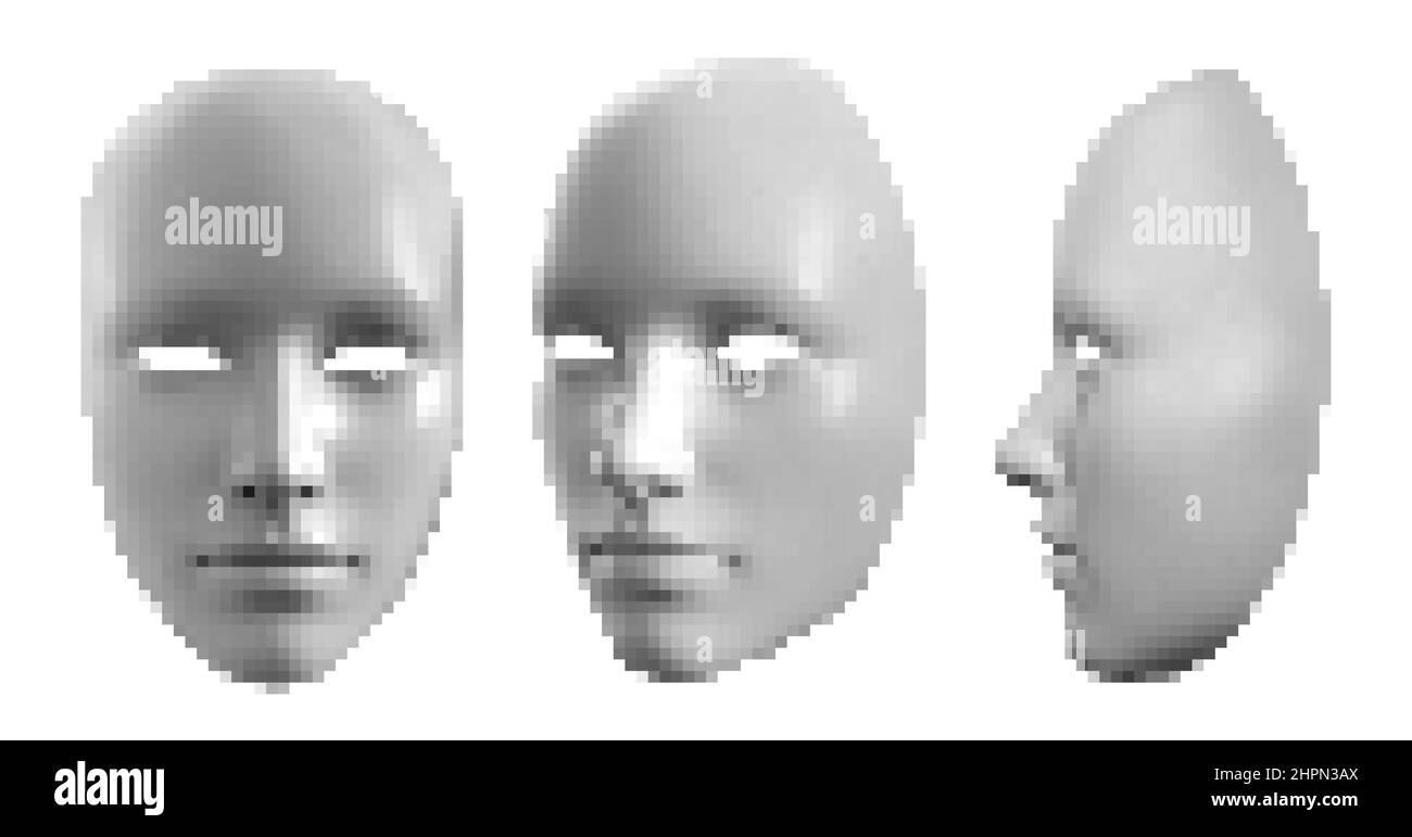 Illustrazione grafica pixel di una maschera anonima di colore grigio chiaro isolata su sfondo bianco. Foto Stock