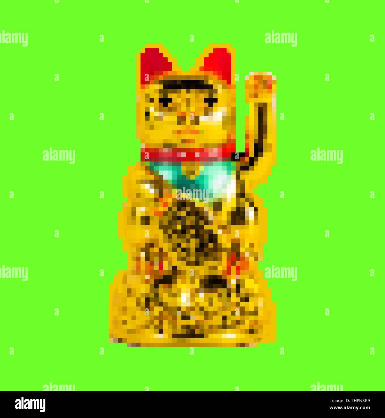 Illustrazione di pixel di colore dorato gatto giapponese maneki neko simbolo giocattolo su sfondo verde schermo. Foto Stock