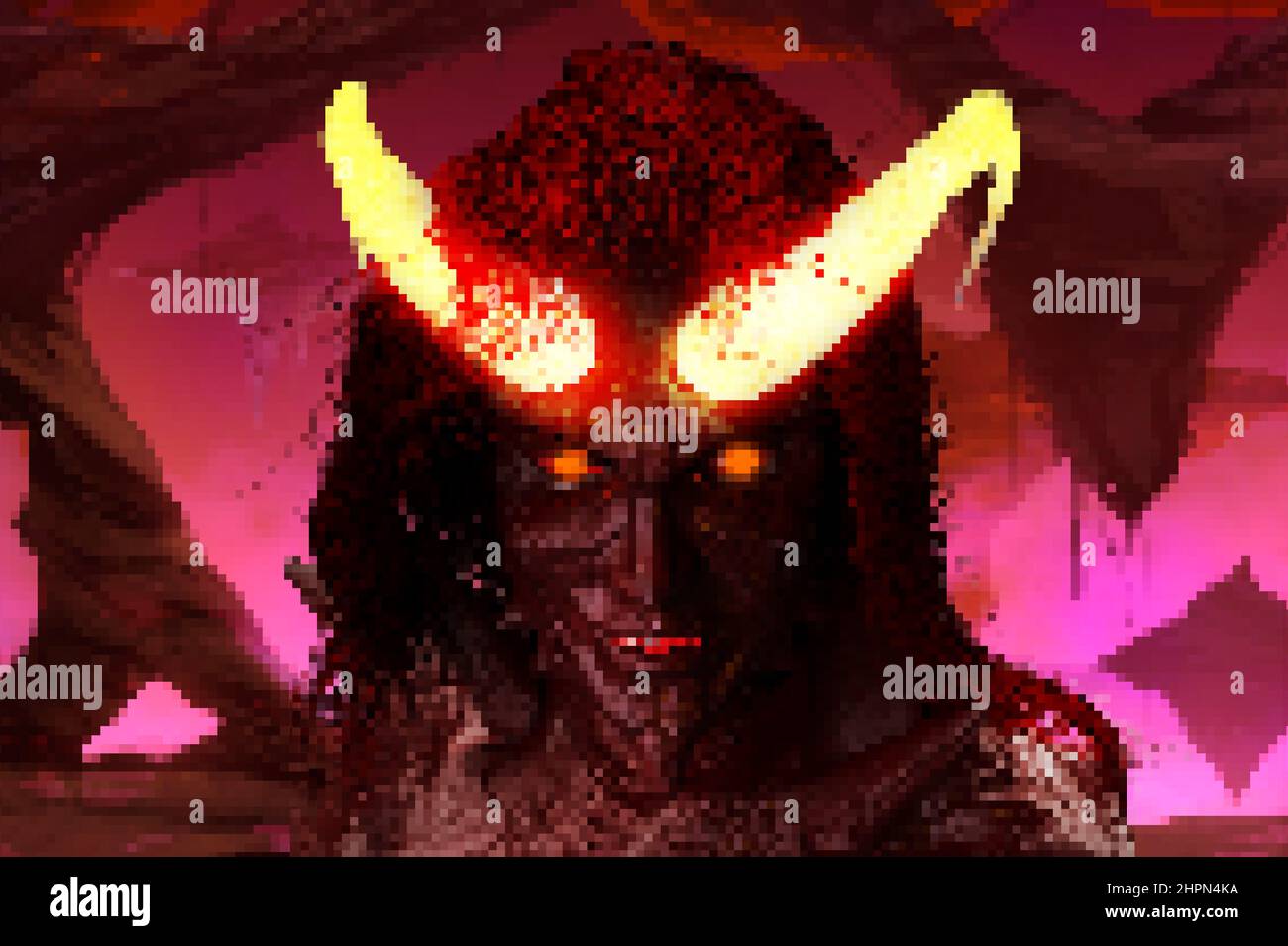 Illustrazione grafica di pixel della dea demone fantasy femminile con occhi luminosi e corna in piedi su sfondo inferno underworld. concetto di gioco a 16 bit. Foto Stock