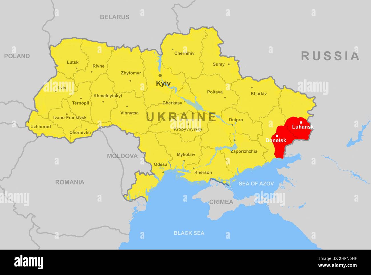 Ucraina sulla carta europea, Donetsk e Luhansk regioni (Donbass). Mappa politica con confine con la Russia, Crimea e Mar Nero. Concetto di Ucraina-Russi Foto Stock