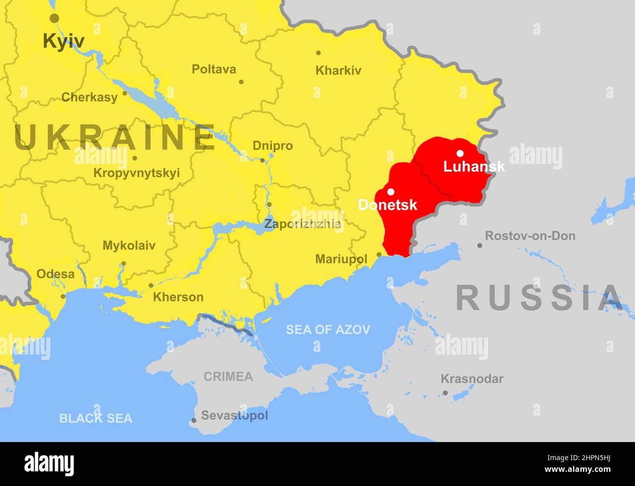 Ucraina sulla carta europea, Donetsk e Luhansk regioni (Donbass). Mappa politica con confine con la Russia, Crimea, Mar Nero e Azov. Concetto di Ukrain Foto Stock