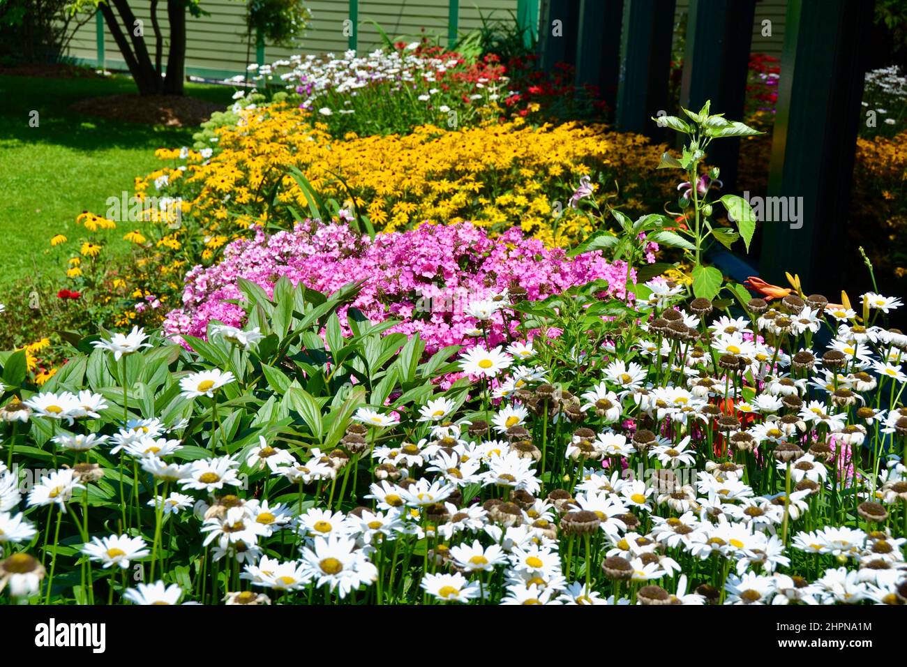 File di fiori colorati che fioriscono in giardino al Letchworth state Park  durante l'estate Foto stock - Alamy