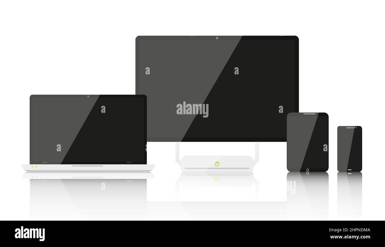 Set piatto per la tecnica del pc portatile per dispositivi gadget desktop. Moderno computer portatile elettronico tecnologia monitor smartphone monoblocco tablet. Presentazione promozionale layout techstore vuoto nero touchscreen isolato Illustrazione Vettoriale