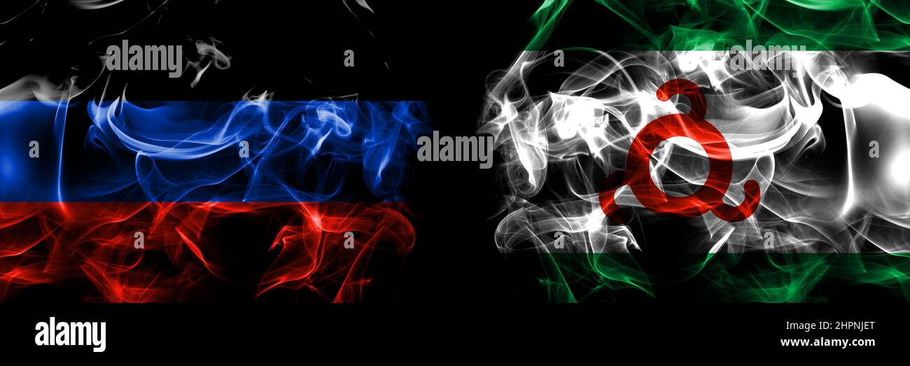 Donetsk Repubblica popolare contro Russia, Russo, Inguscezia bandiera. Bandiere di fumo affiancate isolate su sfondo nero. Foto Stock