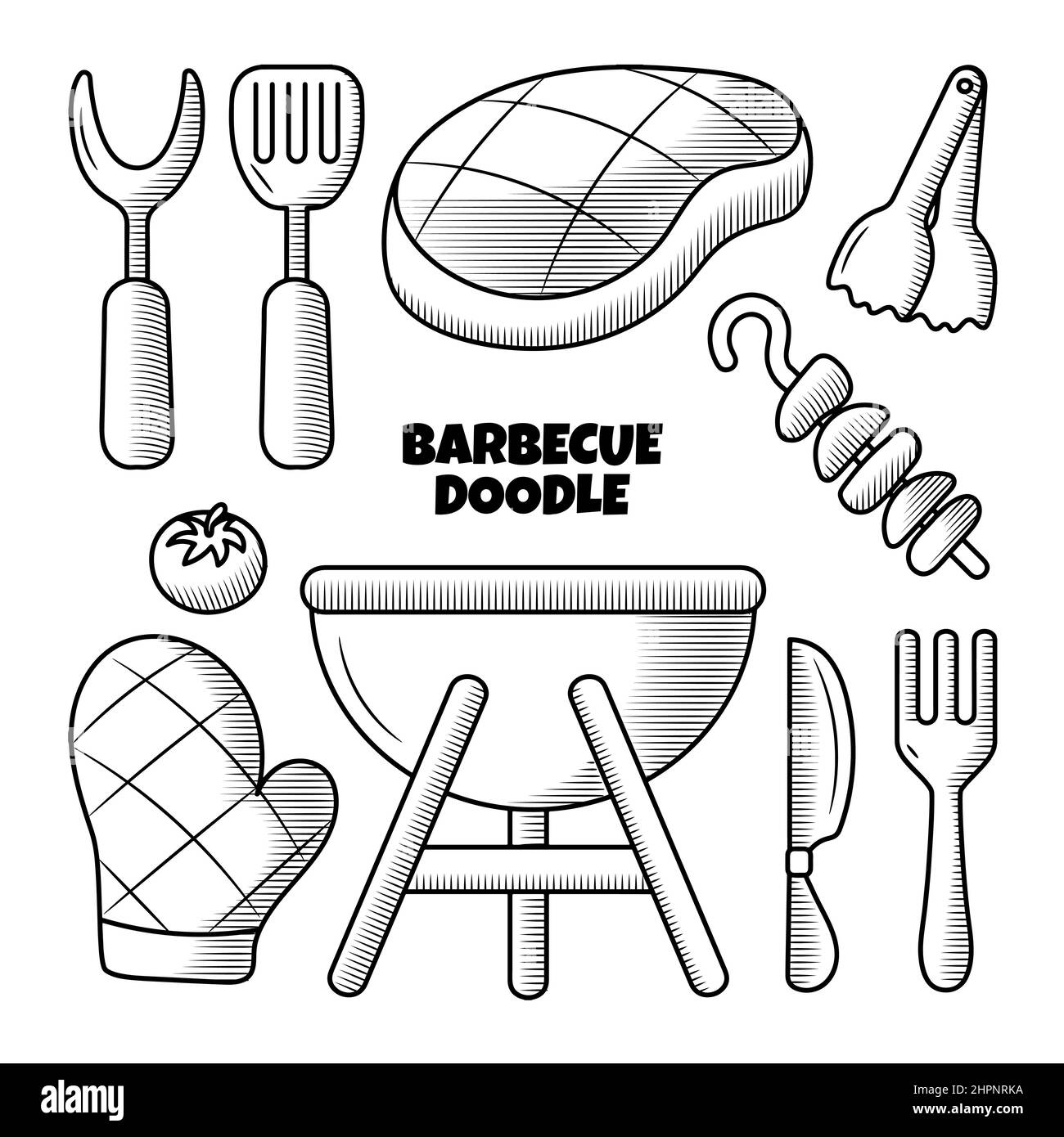 Barbecue illustrazione di doodle disegnata a mano con stile di contorno Illustrazione Vettoriale