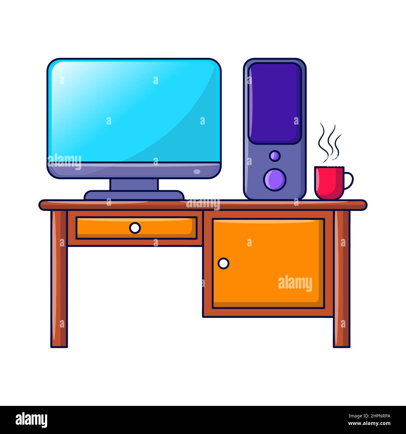 Computer desktop sul tavolo con illustrazione del contorno disegnata a mano Illustrazione Vettoriale