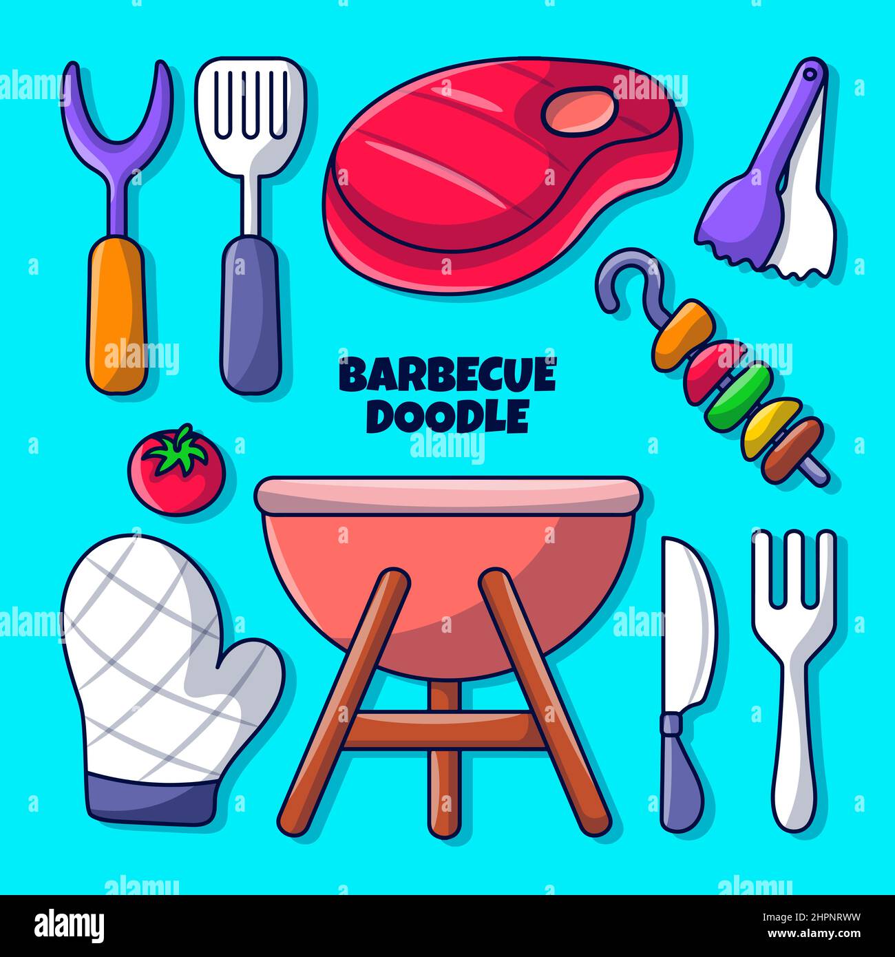 Barbecue colorato disegno a mano doodle illustrazione con stile di contorno Illustrazione Vettoriale
