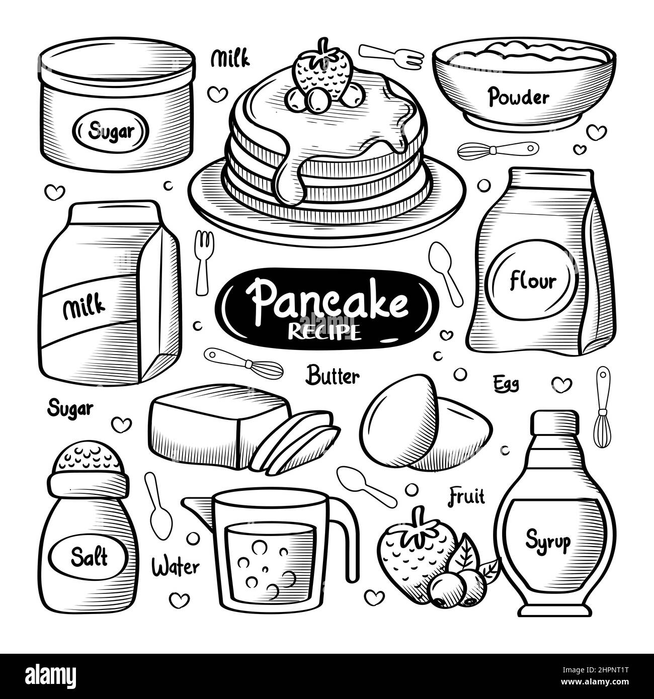 Ricetta per pancake con elemento di doodle disegnato a mano Illustrazione Vettoriale