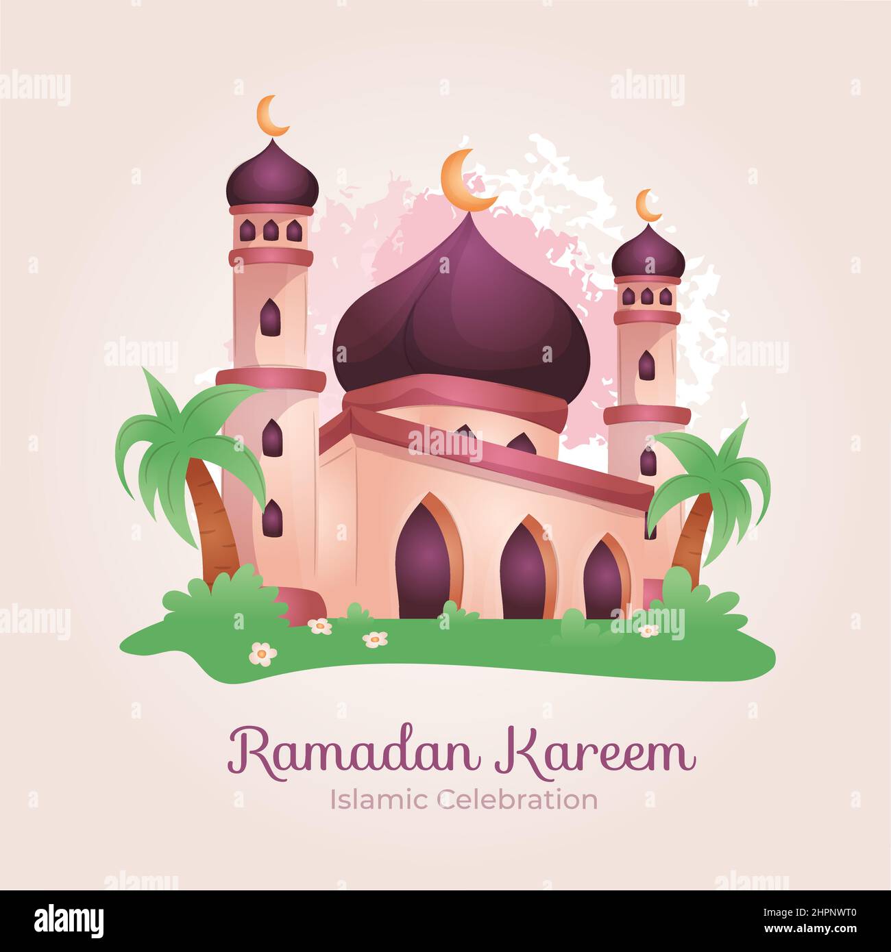 Appartamento eid al-fitr - eid mubarak moschea con cortile verde Illustrazione Vettoriale