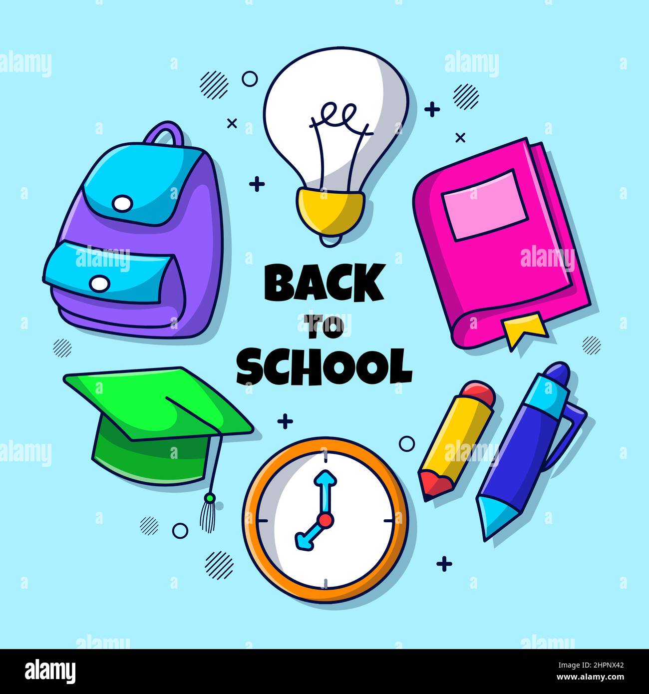 Semplice set di elementi per il ritorno a scuola con stile a forma di doodle disegnato a mano Illustrazione Vettoriale