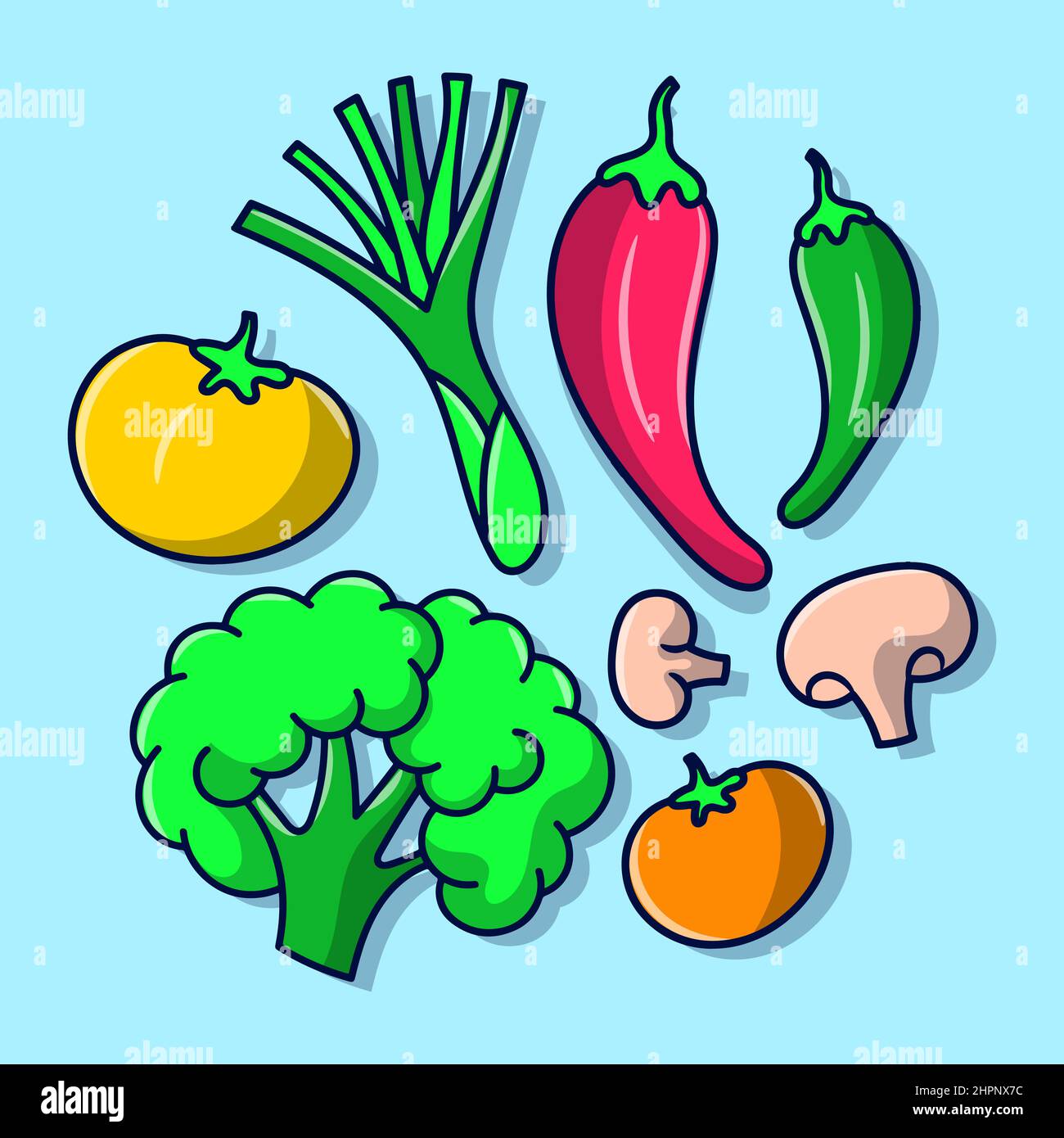 Spaghetti di verdure, con contorno colorato disegnato a mano Illustrazione Vettoriale