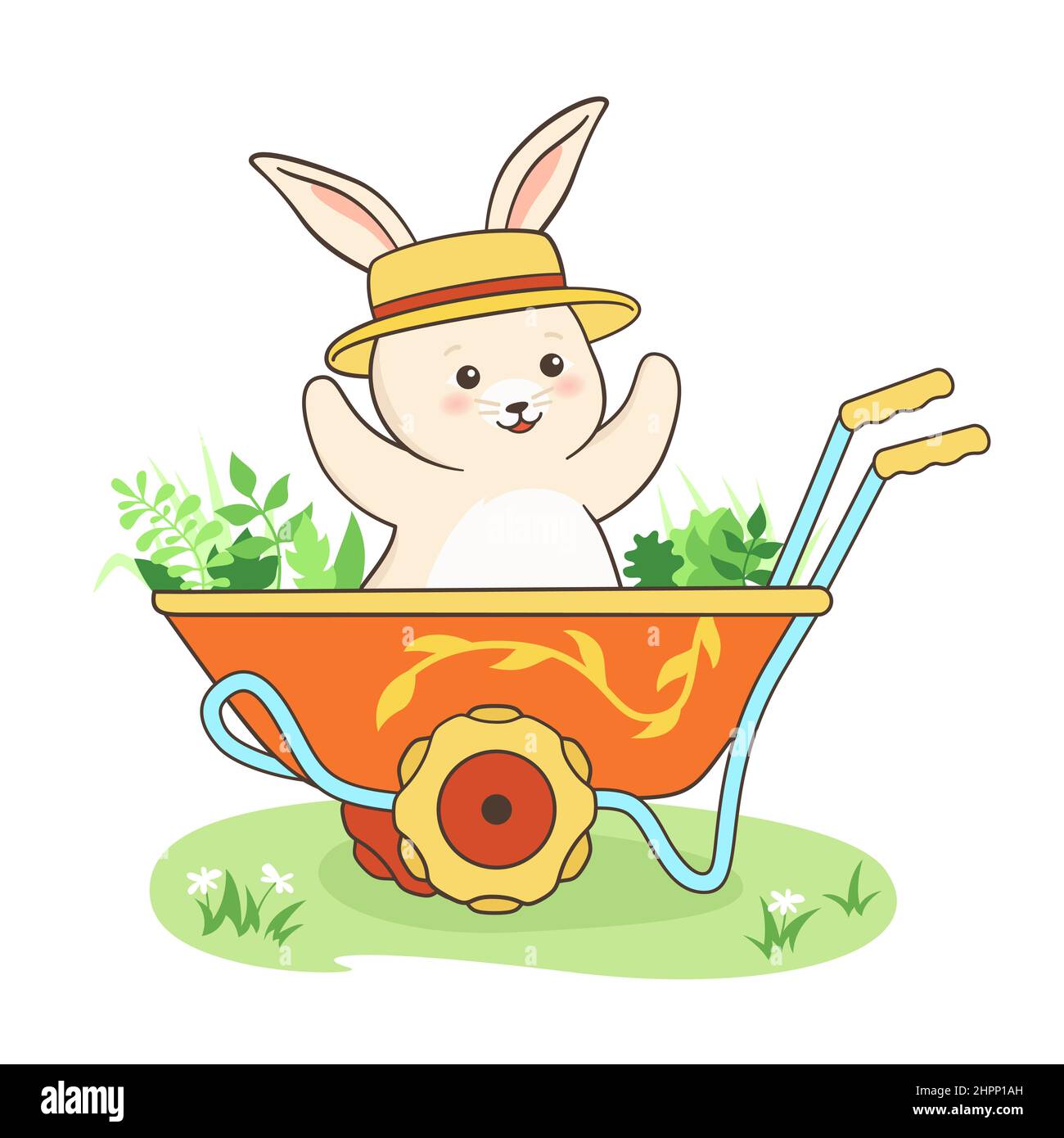 Coniglio in giardino cart poster rustico. Coniglietto personaggio infantile in carriola, cappello lepre mascotte simbolo anno. Ciao primavera o estate raccolta o semina, fattoria e giardinaggio carro cartoon illustrazione vettoriale Illustrazione Vettoriale