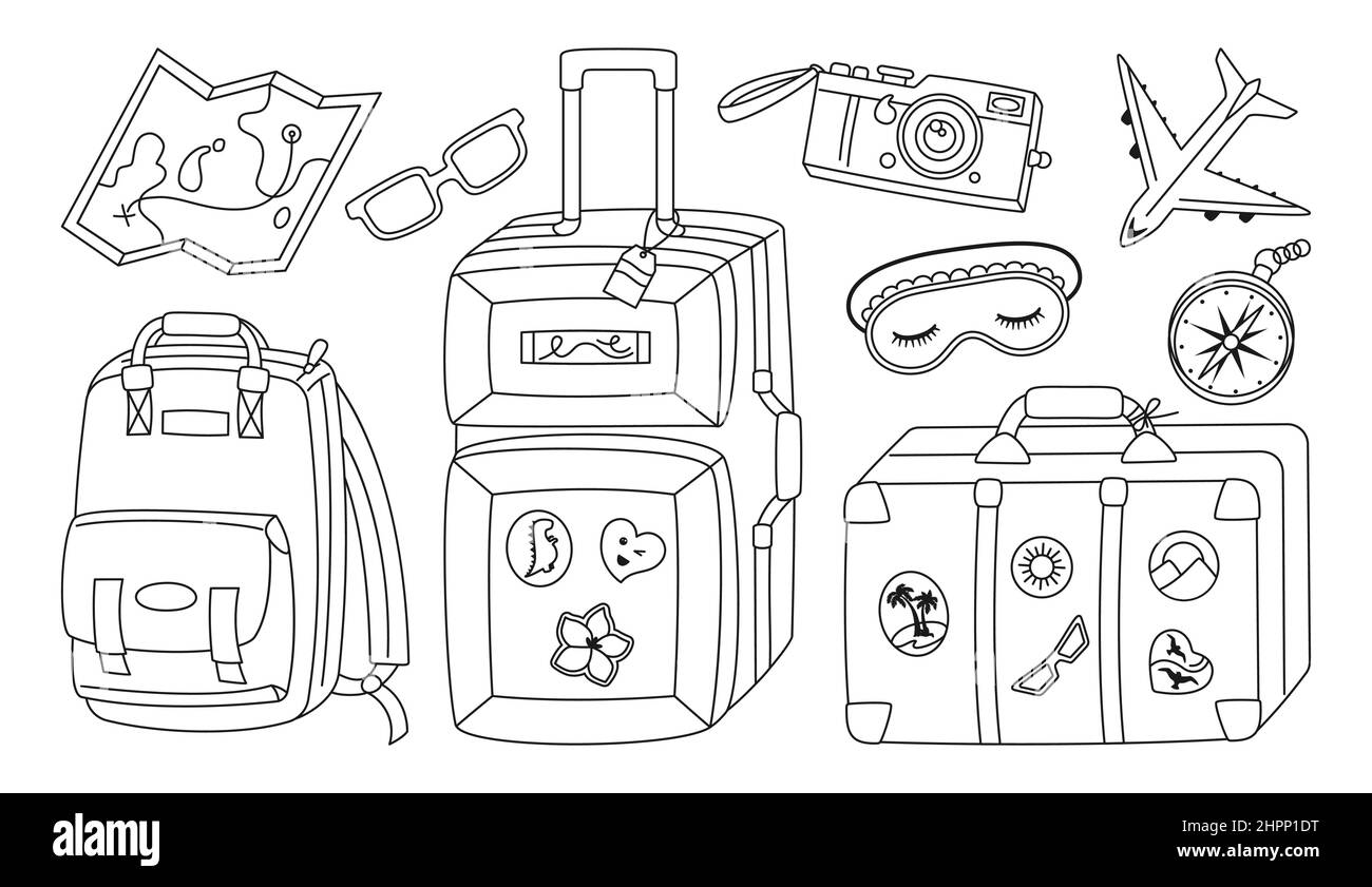 Viaggio o vacanza viaggio Doodle linea set. Videocamera Contour, maschera per dormire, valigia, mappa, design alla moda dell'aeroplano. Aereo, bussola, zaino estate vacanza sketch kit diario memoria scrapbook Illustrazione Vettoriale