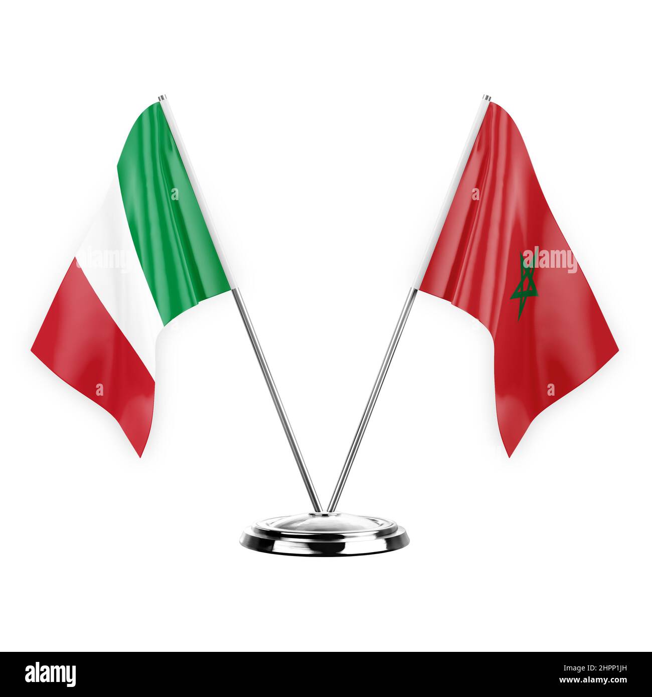 Due bandiere di tabella isolate su sfondo bianco 3D illustrazione, italia e marocco Foto Stock