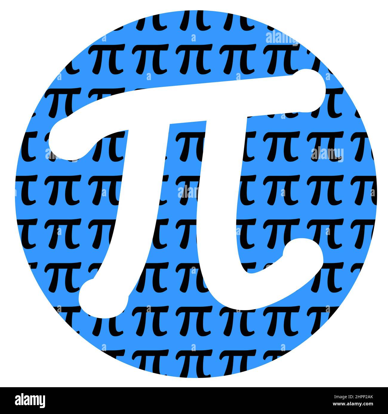 Simbolo pi in cerchio blu isolato su bianco con segni pi neri più piccoli, tipografia grafica per Pi Day una vacanza divertente il 14 marzo poiché pi è uguale a 3,14 Foto Stock