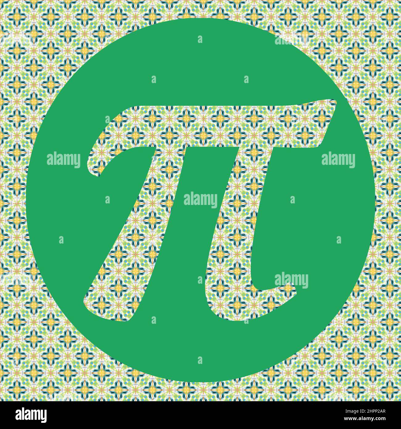 Pi Day Holiday lettera greca pi all'interno di un cerchio verde con motivi gialli e verdi. Marzo 14 è il giorno Pi poiché pi è uguale a 3,14 π è il rapporto di t Foto Stock