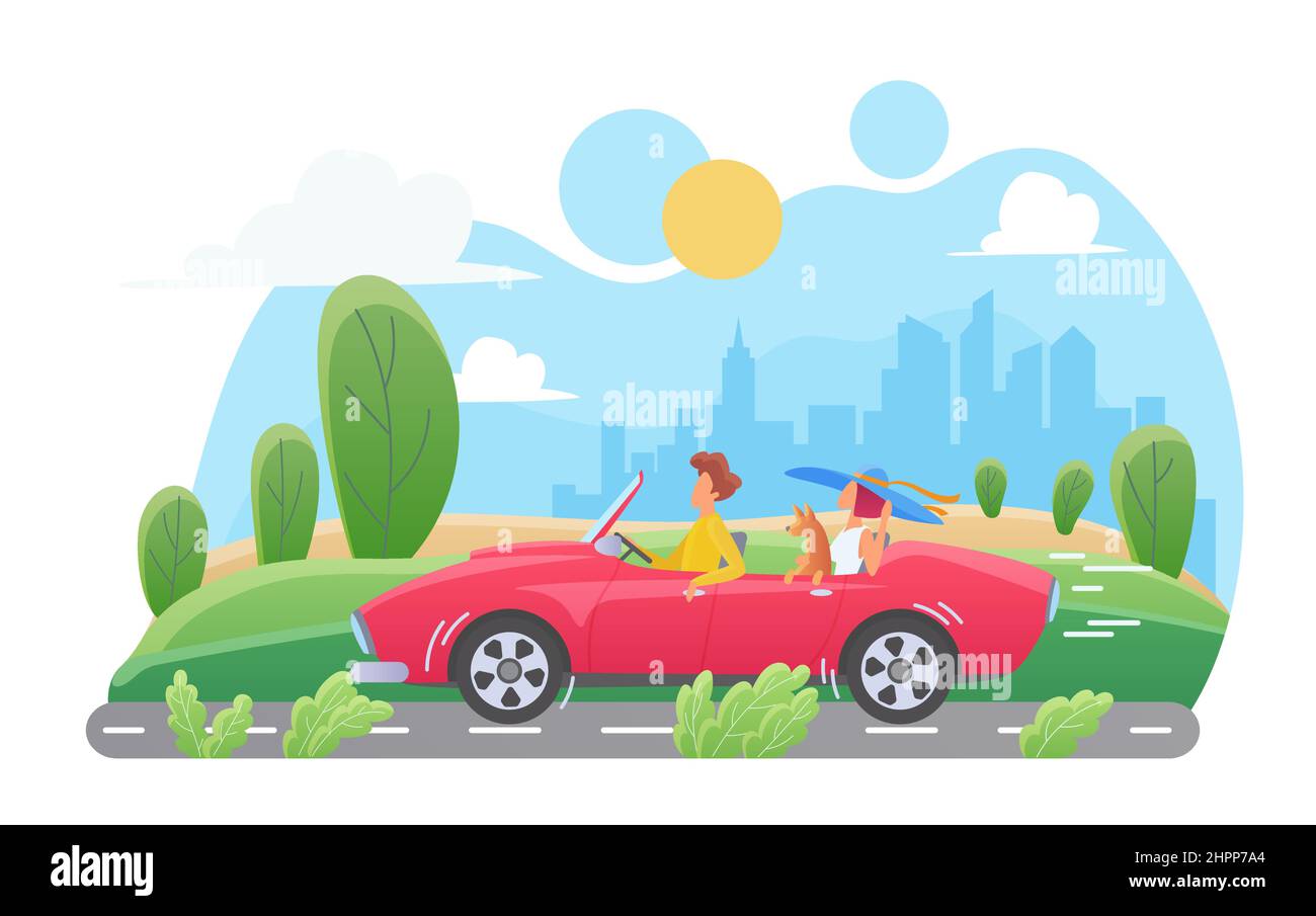 Vacanza in viaggio con auto di famiglia a lunga distanza. Viaggio estivo nella natura con auto cabriolet Illustrazione Vettoriale