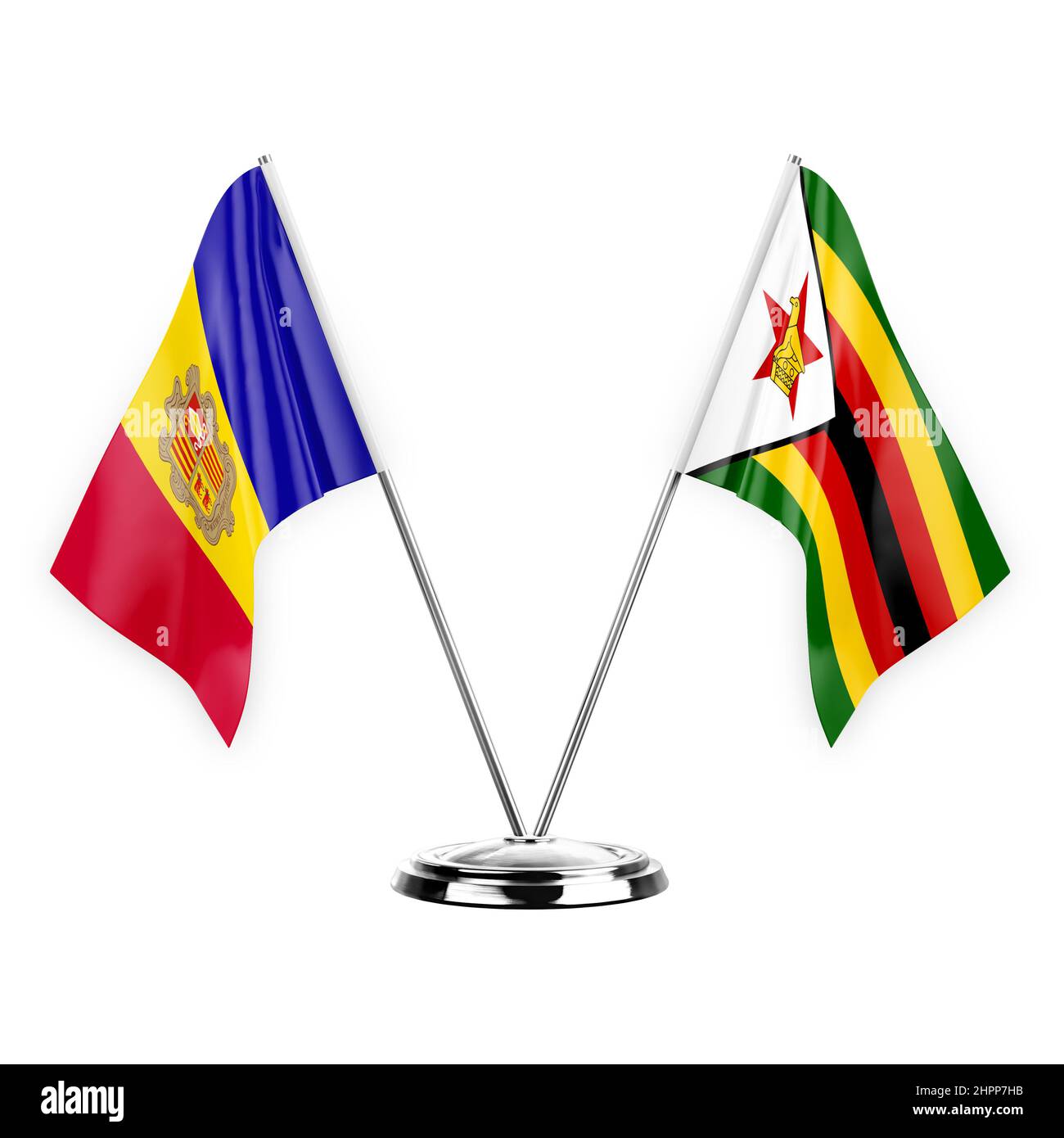 Due bandiere di tabella isolate su sfondo bianco 3D illustrazione, andorra e zimbabwe Foto Stock