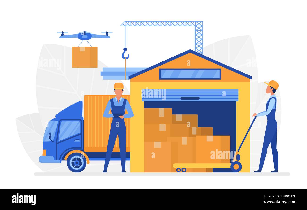 Spostamento automatizzato dell'inventario nello storage del magazzino. Macchinari robotizzati funzionanti in modo efficace e organizzato Illustrazione Vettoriale