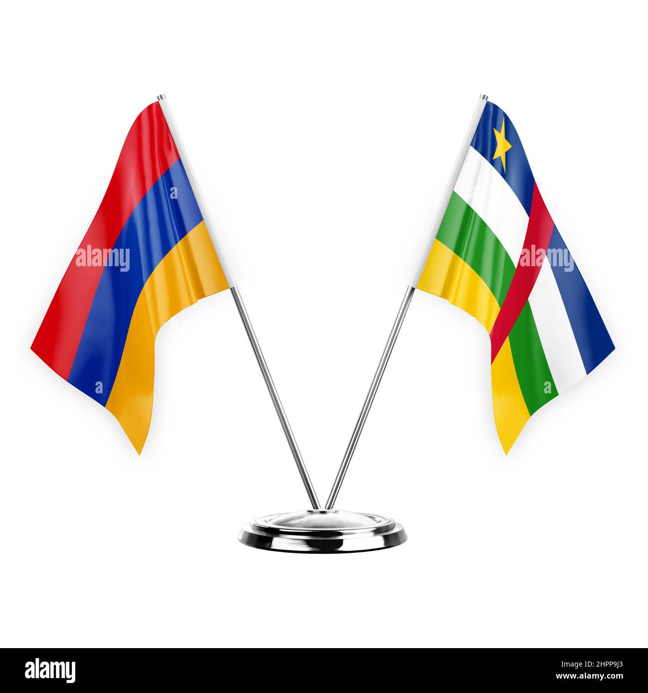 Due bandiere da tavolo isolate su sfondo bianco 3D illustrazione, armenia e Repubblica centrafricana Foto Stock
