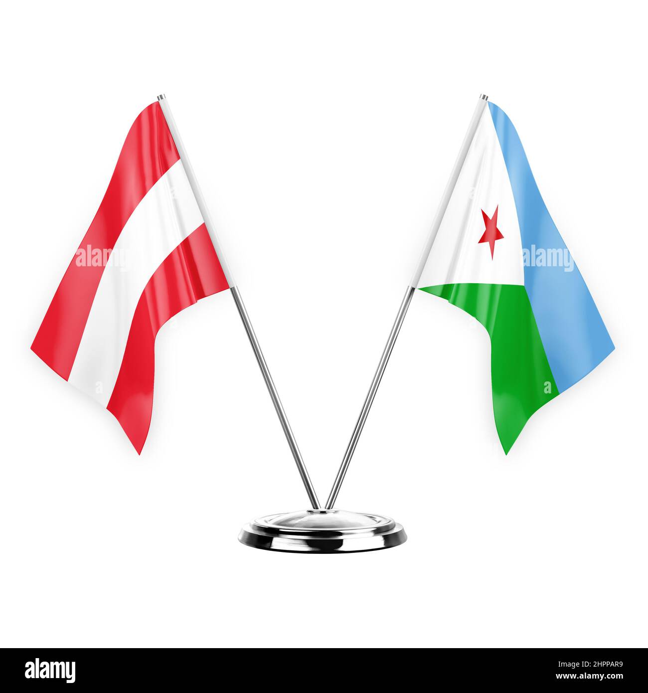 Due bandiere da tavolo isolate su sfondo bianco 3D, l'austria e gibuti Foto Stock