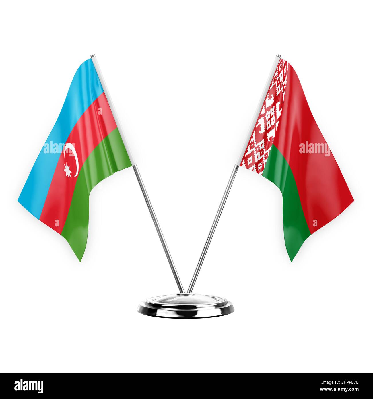 Due bandiere di tabella isolate su sfondo bianco 3D illustrazione, azerbaigian e bielorussia Foto Stock