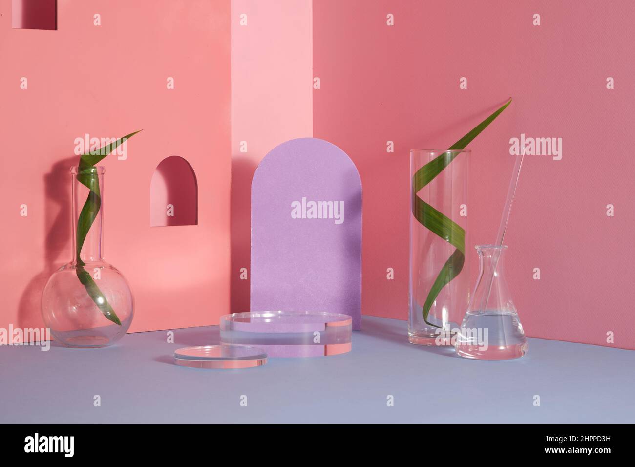 Podio in vetro e foglia verde scena minima costellata su sfondo viola. Stand per mostrare il prodotto cosmetico. Vetrina su piedistallo in vetro Modern studi Foto Stock