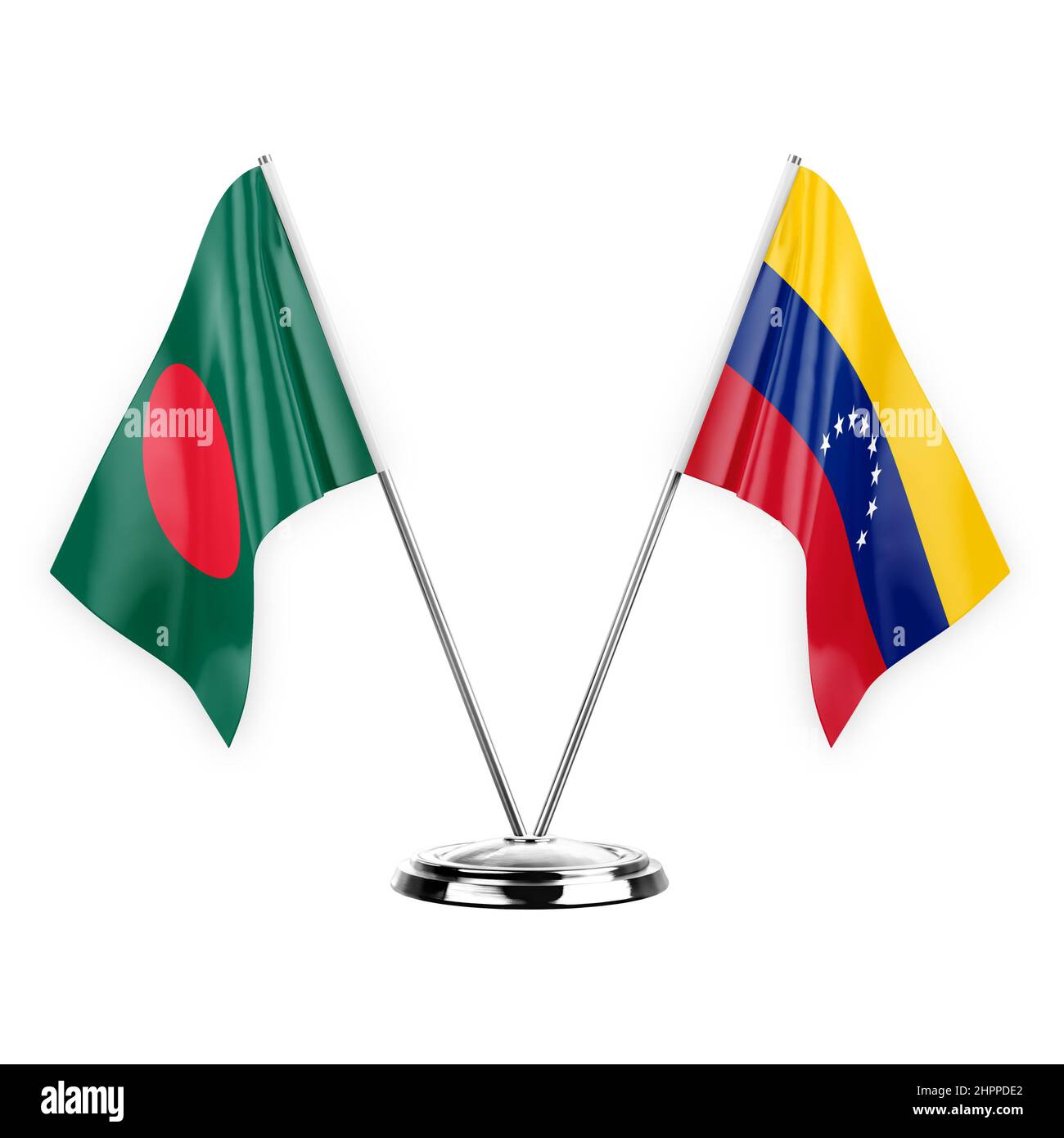 Due bandiere di tabella isolate su sfondo bianco 3D illustrazione, bangladesh e venezuela Foto Stock
