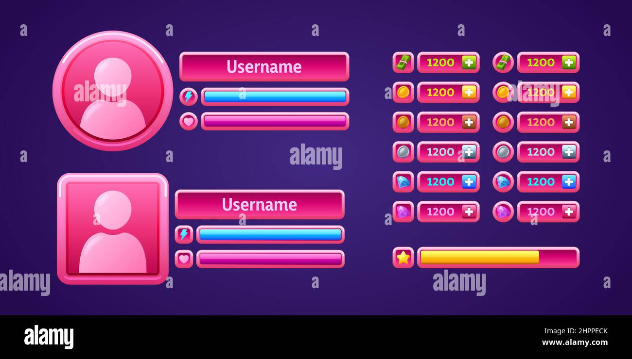 Pannello rosa del menu del gioco, profili utente rpg, premi giornalieri, nome utente, salute e cursori di alimentazione. Interfaccia grafica con livello asset monete, pietre gemme, bollette e classifica star, Vector tesoro Illustrazione Vettoriale