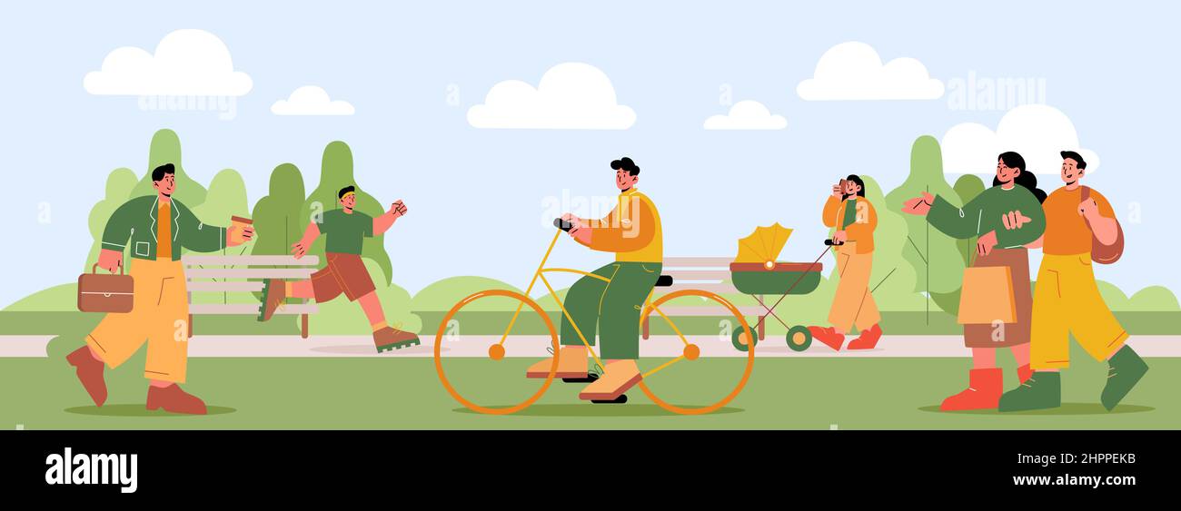 Le persone camminano con la carrozzina per bambini, cavalcano in bicicletta e jogging nel parco. Illustrazione piatta vettoriale del paesaggio estivo con uomo che corre, uomo d'affari in abito, coppia con borsa e uomo in bicicletta Illustrazione Vettoriale