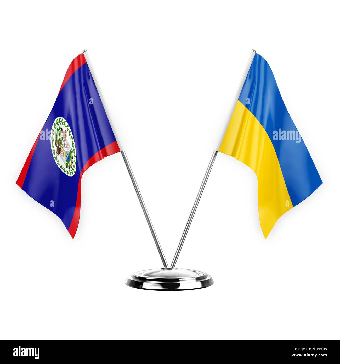 Due bandiere di tabella isolate su sfondo bianco 3D illustrazione, belize e ucraina Foto Stock