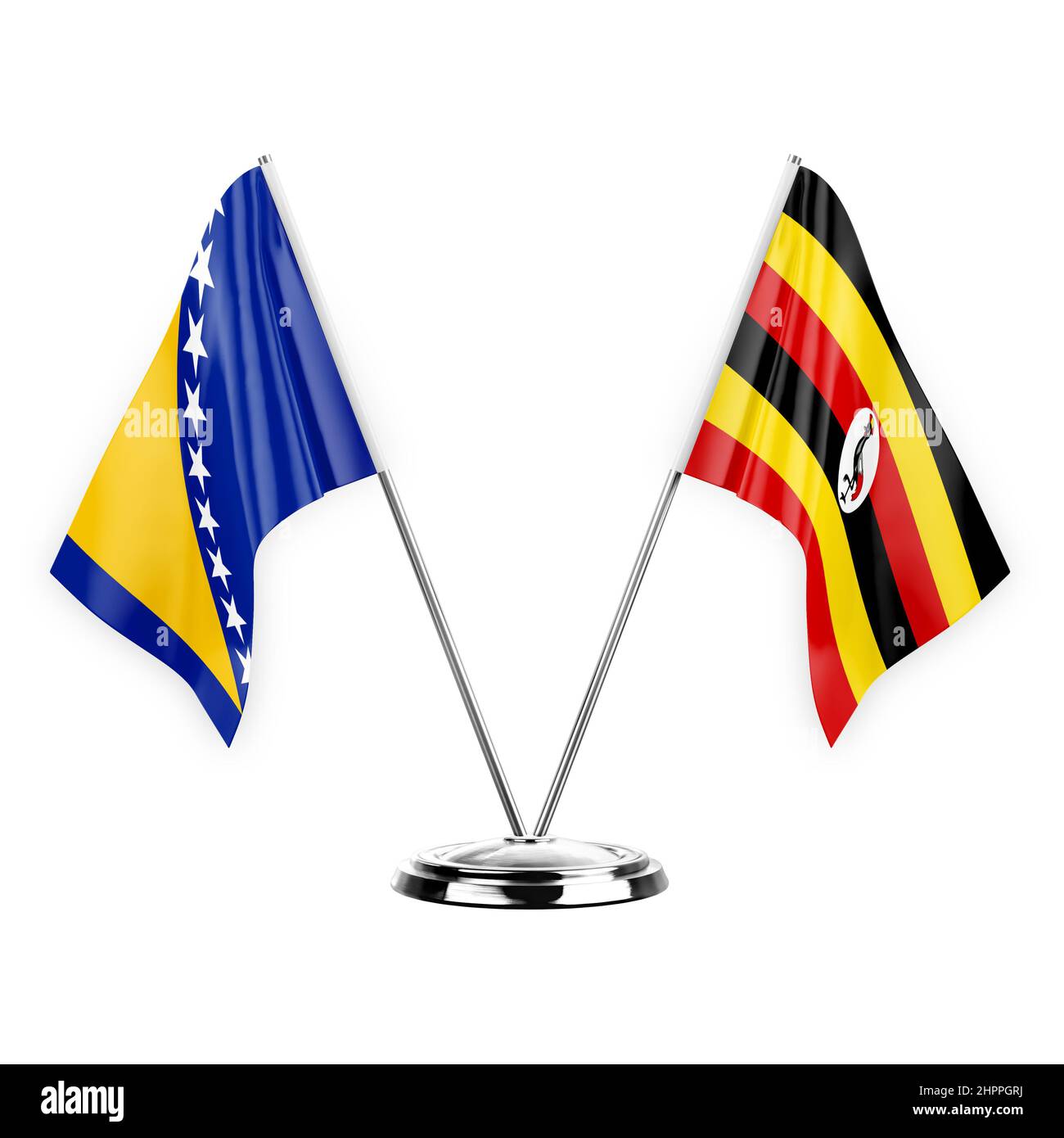 Due bandiere di tabella isolate su sfondo bianco 3D illustrazione, bosnia e uganda Foto Stock