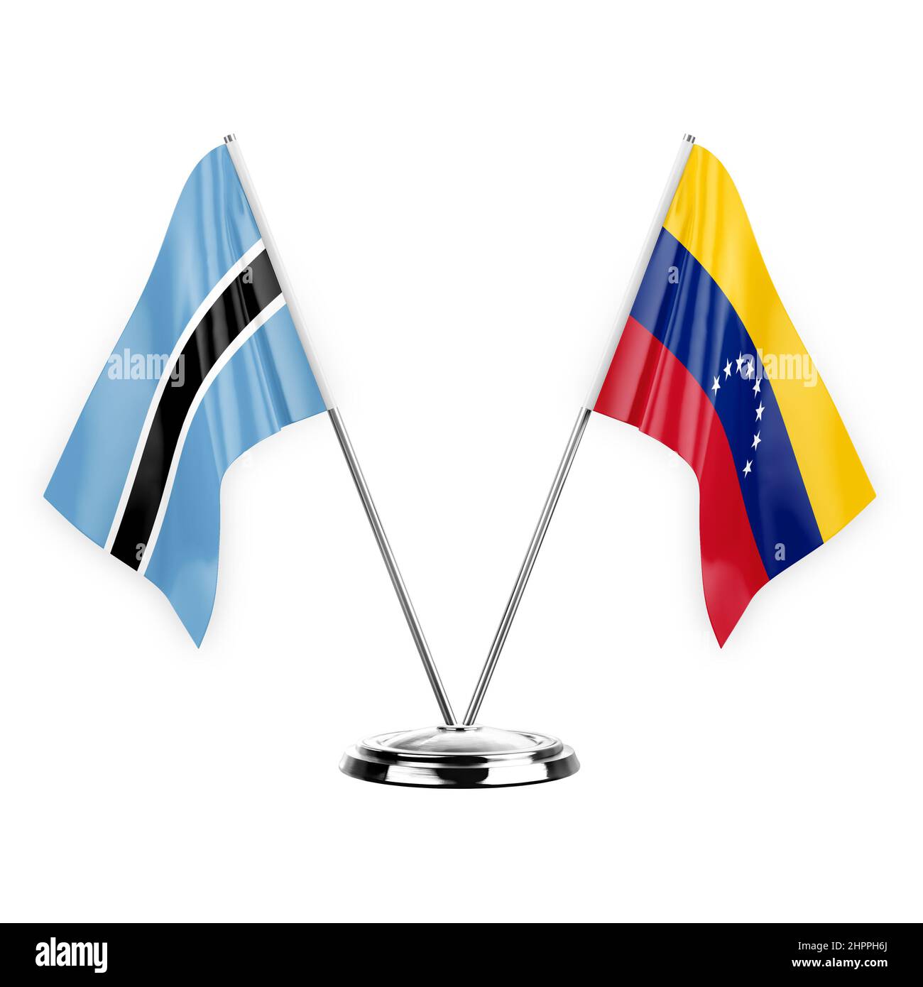 Due bandiere da tavolo isolate su sfondo bianco 3D illustrazione, botswana e venezuela Foto Stock