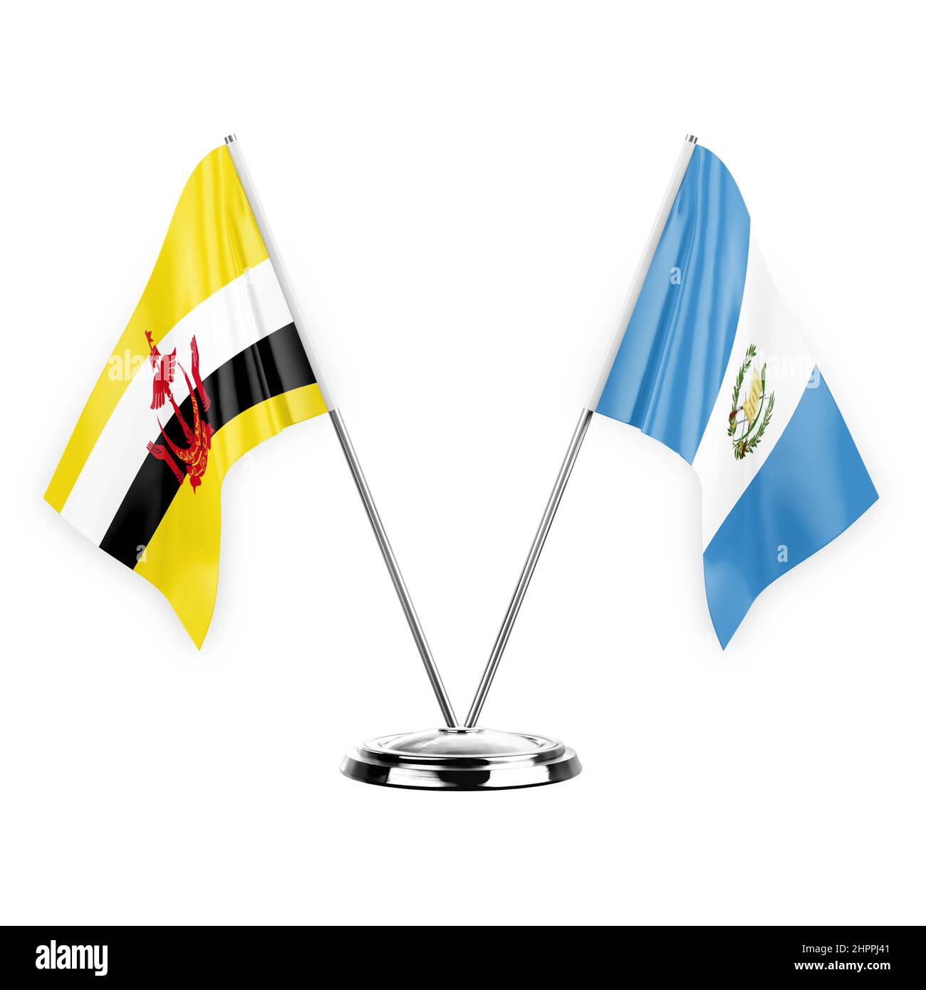 Due bandiere di tabella isolate su sfondo bianco 3D illustrazione, brunei e guatemala Foto Stock