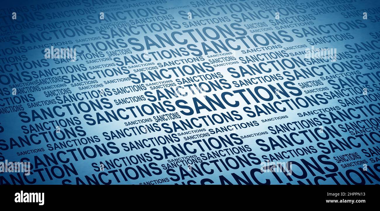 Sanzioni economiche e restrizioni governative o tariffe punitive come sanzione finanziaria o sanzione commerciale e barriera commerciale. Foto Stock