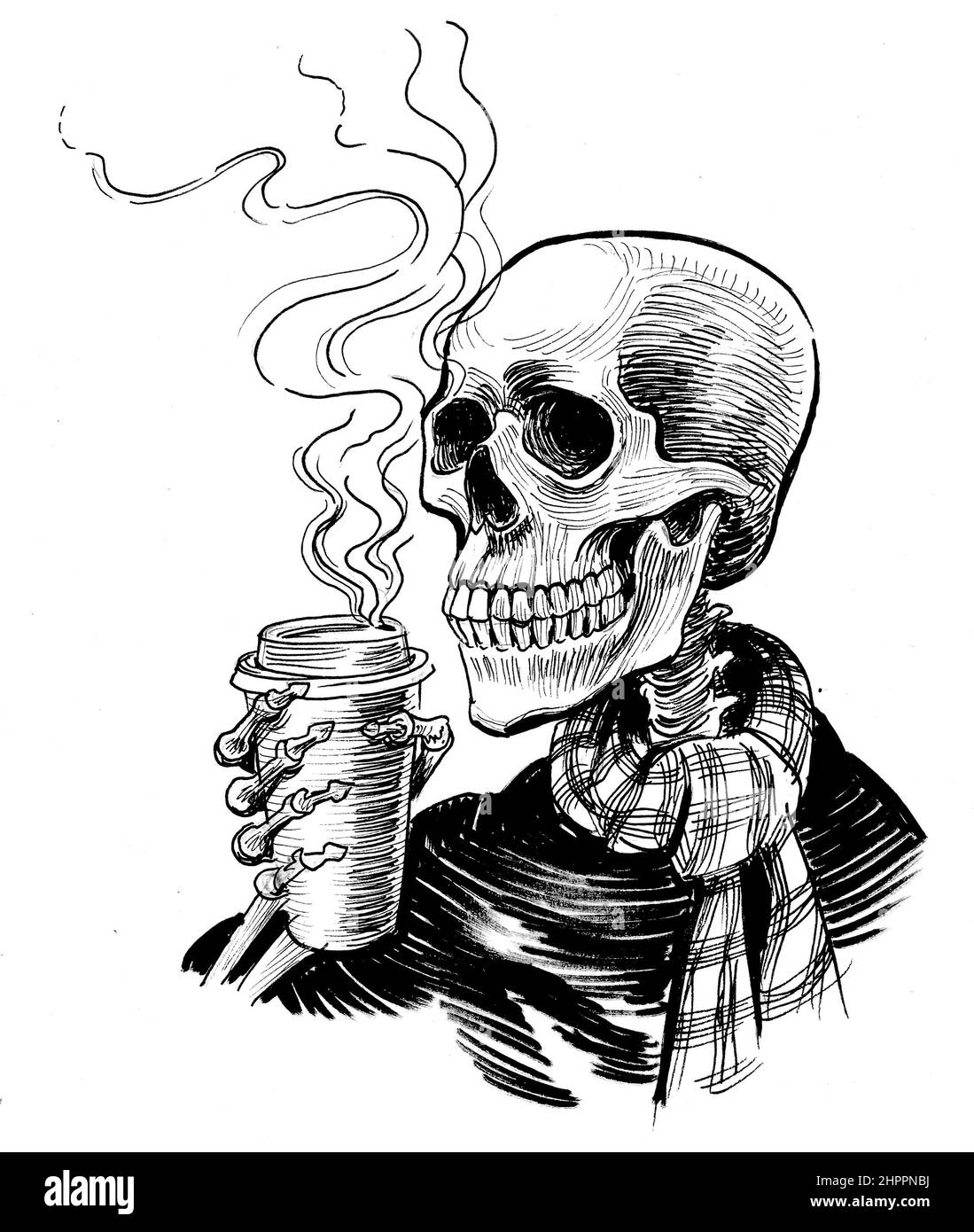 Scheletro umano che beve una tazza di caffè. Disegno in bianco e nero con inchiostro Foto Stock
