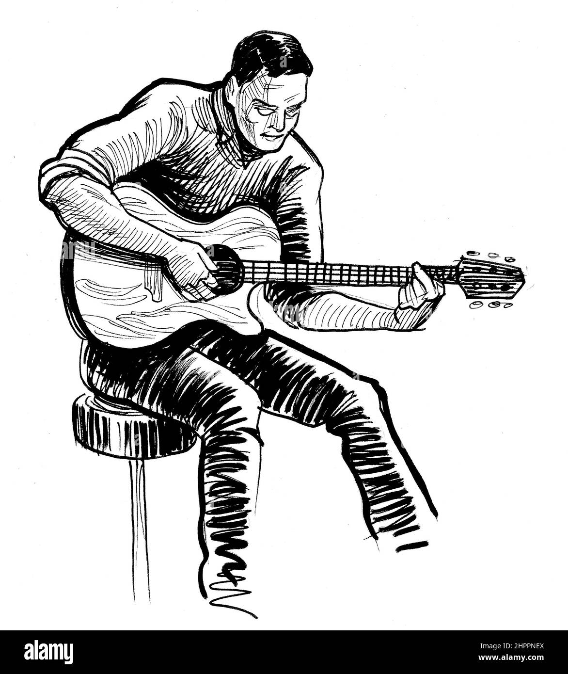 Musicista che suona chitarra acustica. Disegno IK in bianco e nero Foto Stock