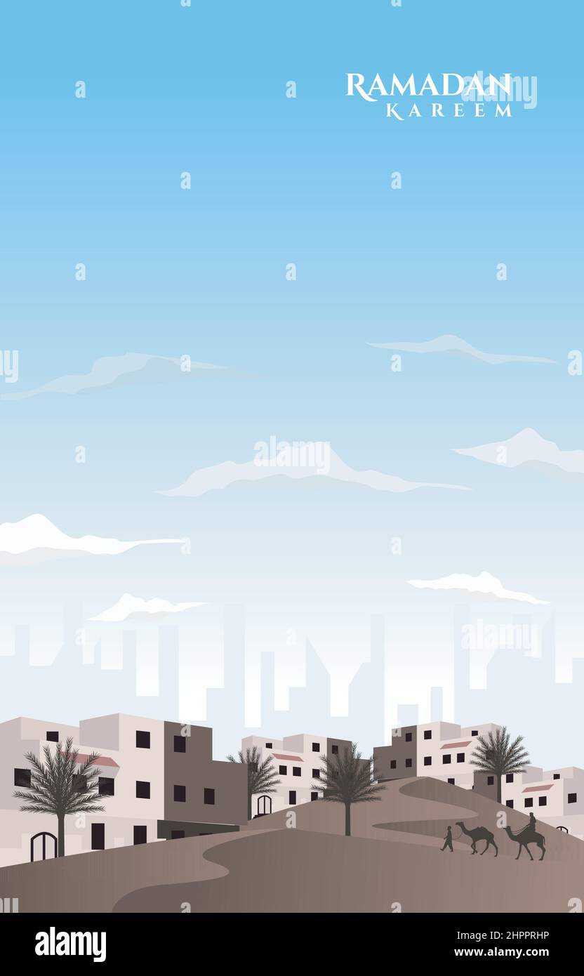 Biglietto d'auguri per il deserto islamico Ramadan Kareem della città araba nel Medio Oriente Illustrazione Vettoriale
