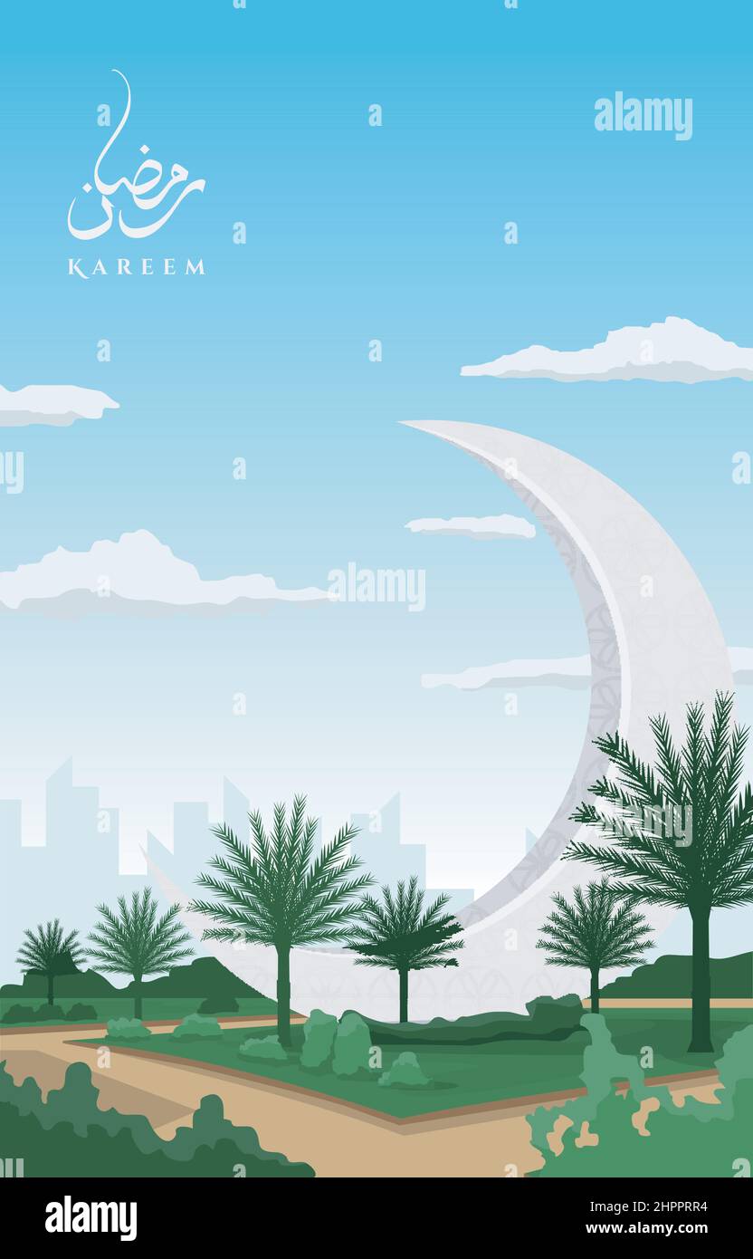 Bella Giardino Paesaggio Grande Mezzaluna Islamica Ramadan Kareem biglietto d'auguri Illustrazione Vettoriale
