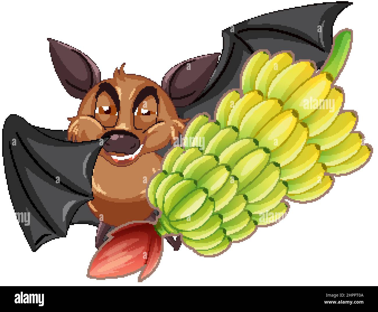 Pipistrello marrone con un gruppo di banane su sfondo bianco illustrazione Illustrazione Vettoriale