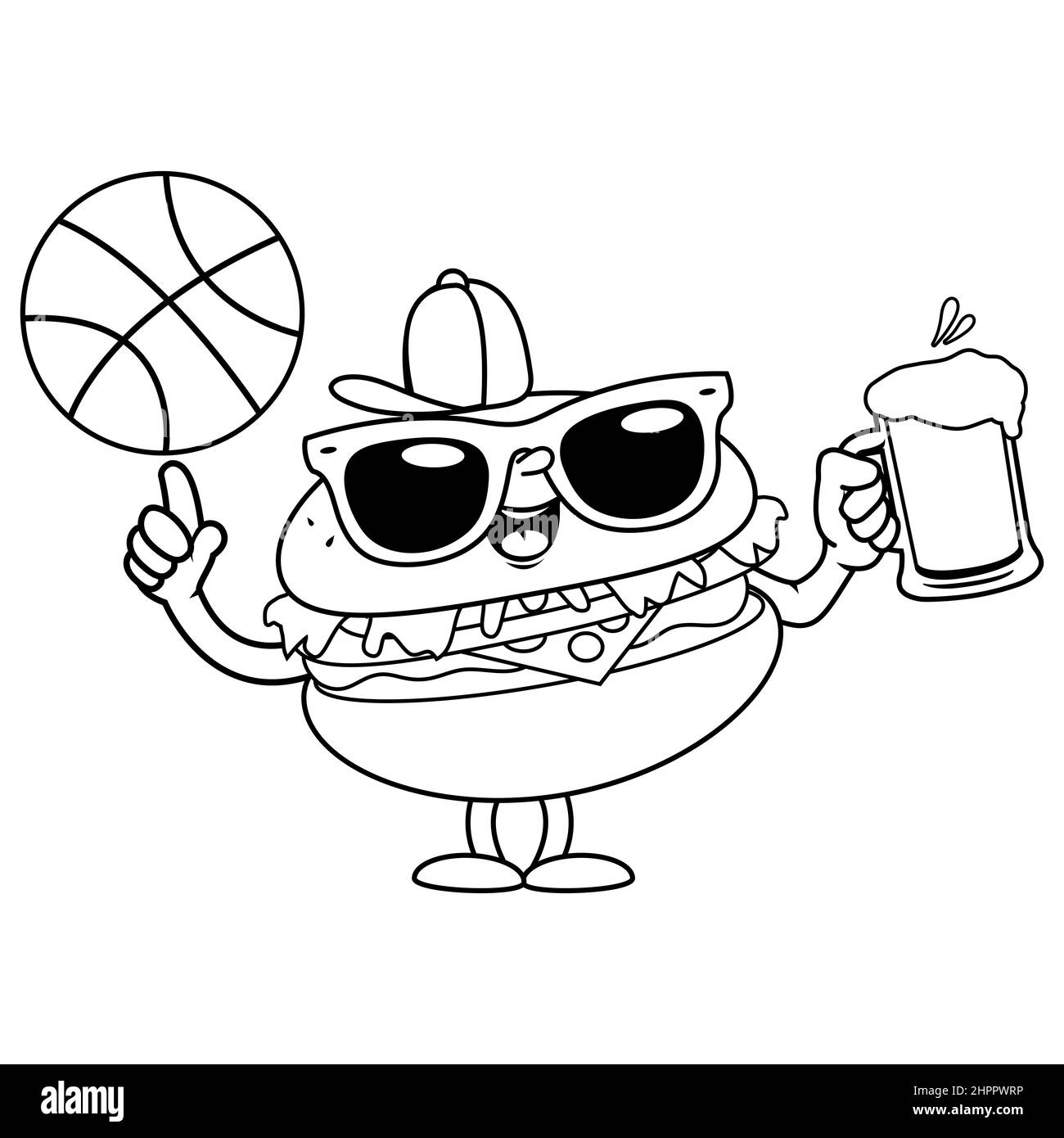 Un personaggio hamburger che tiene un bicchiere di birra e gioca con una palla a cestino. Pagina da colorare in bianco e nero Foto Stock